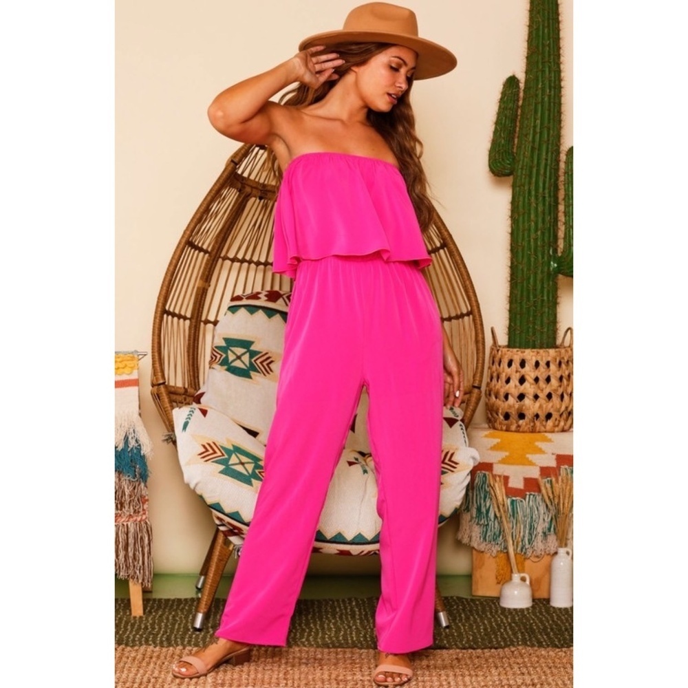 Fantastic Fawn Hot Pink Strapless Wide Leg Jumpsuit - Picture 9 of 10